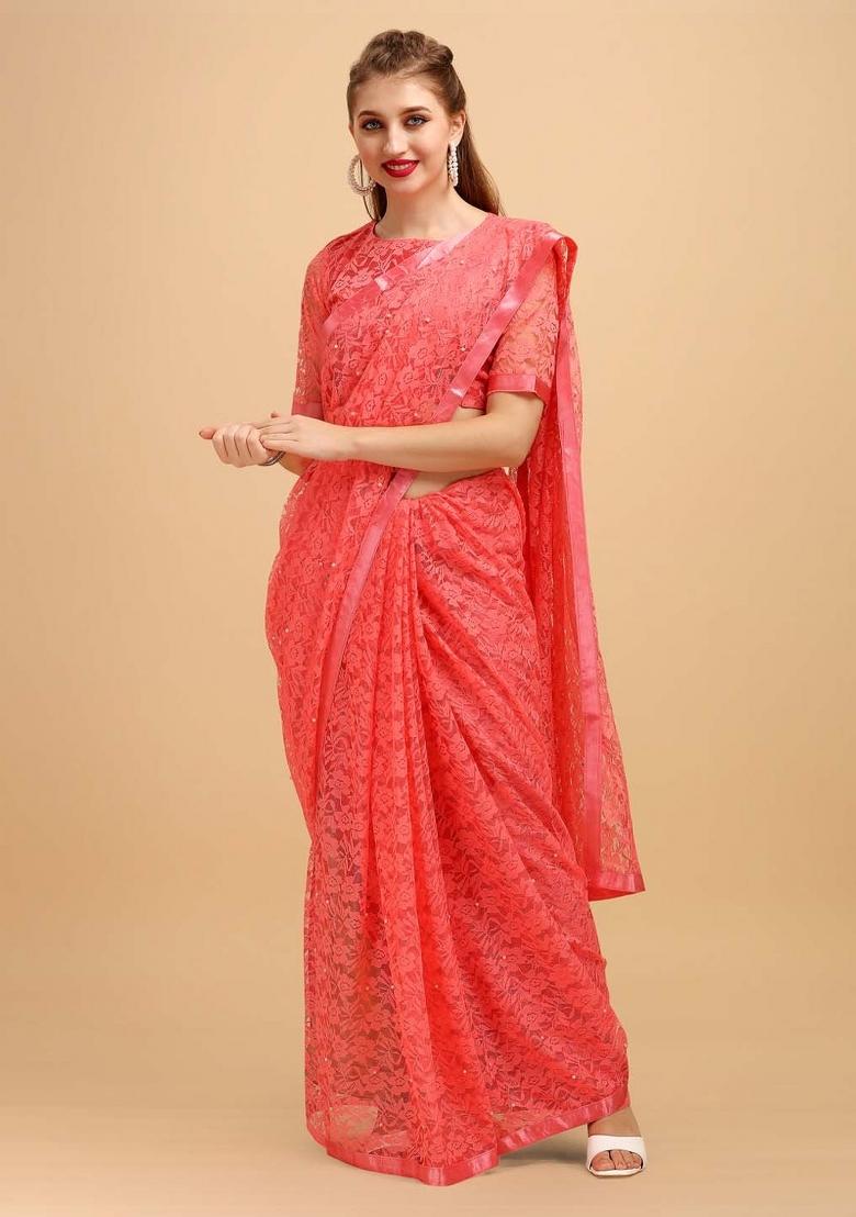 Peach Weaving Net Saree Set
