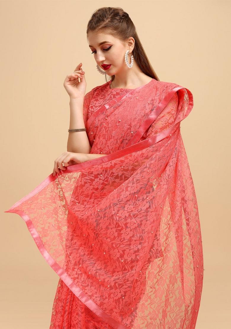 Peach Weaving Net Saree Set
