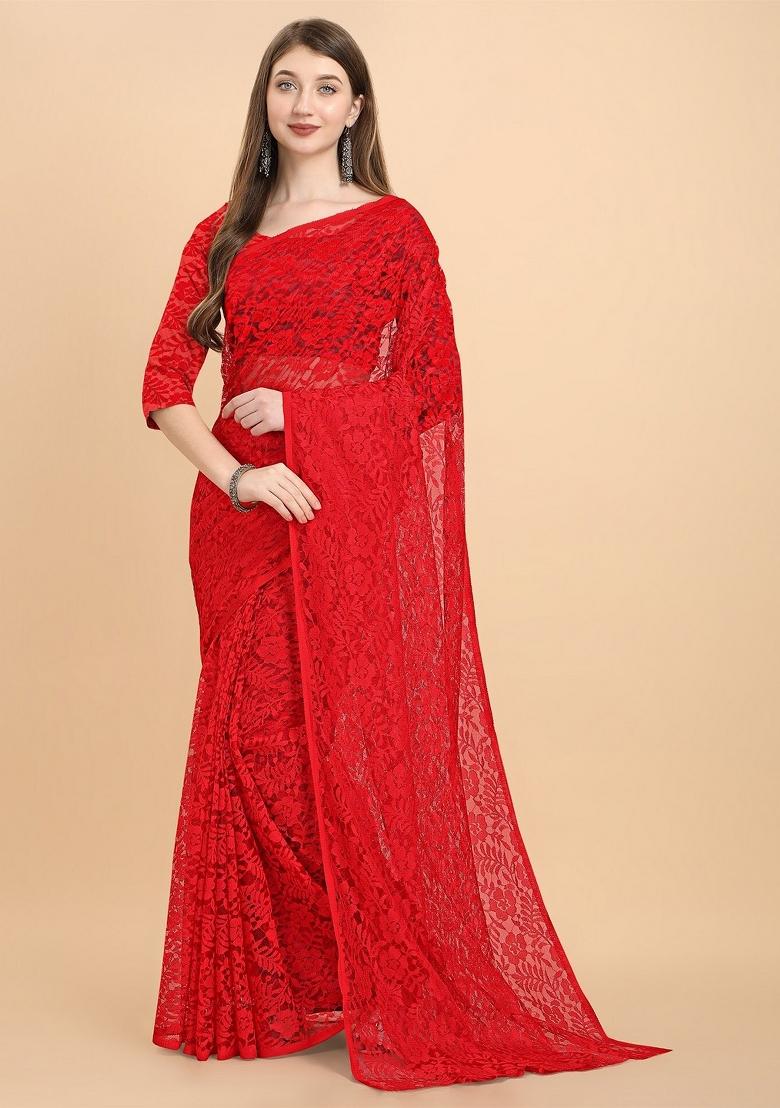 Red Weaving Net Saree Set