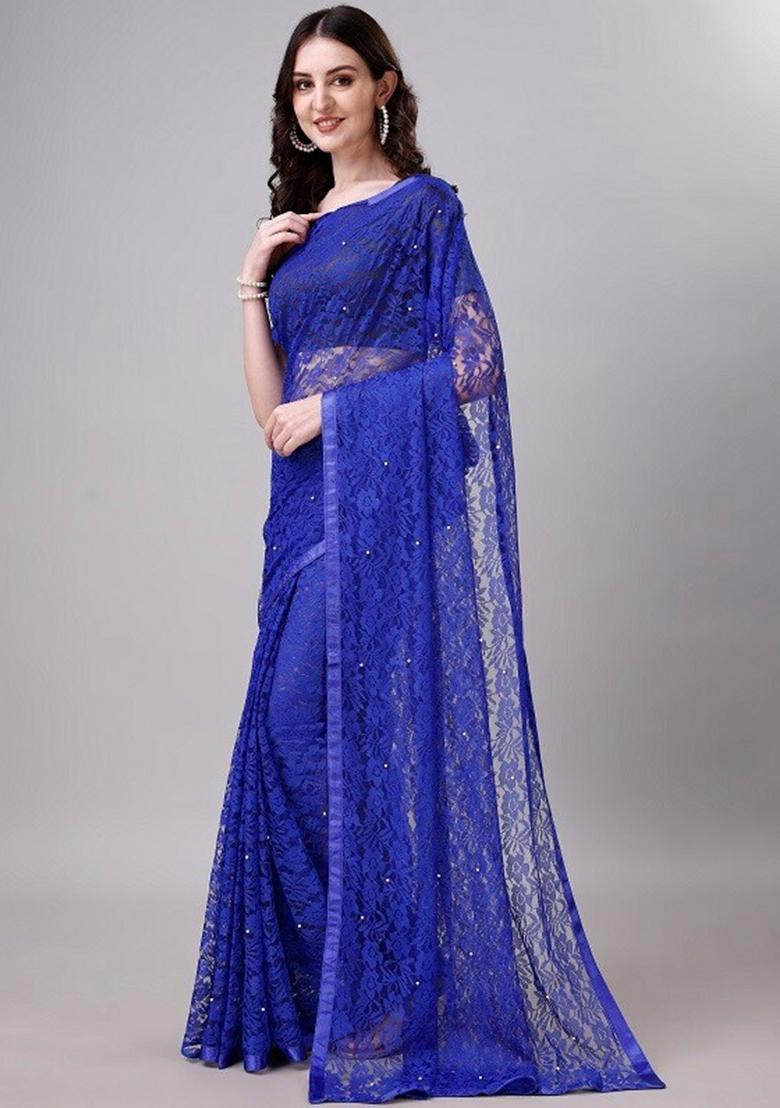Royal Blue Weaving Net Saree Set