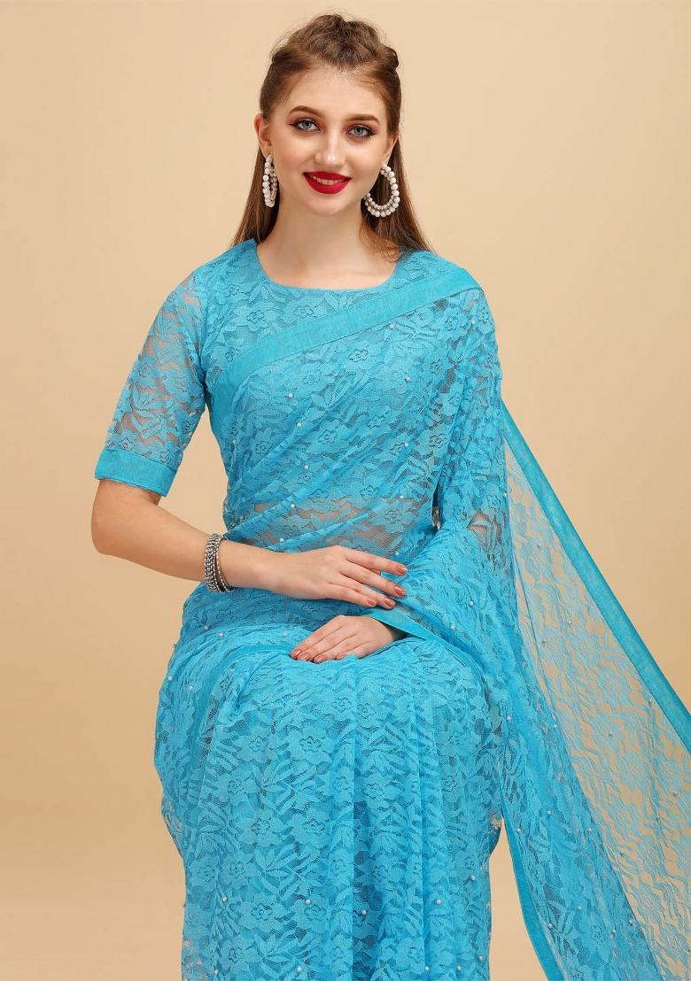 Sky Blue Weaving Net Saree Set