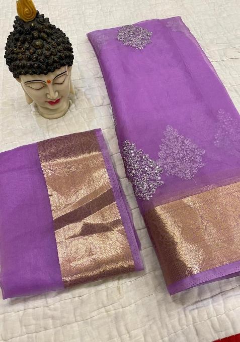 Lavender Embroidered Organza Saree Set