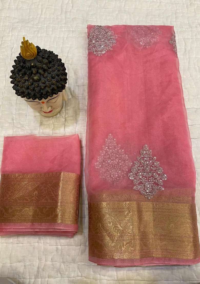Peach Organza Saree Set with Embroidered for Diwali | Wedding & Festive Wear - Indya
