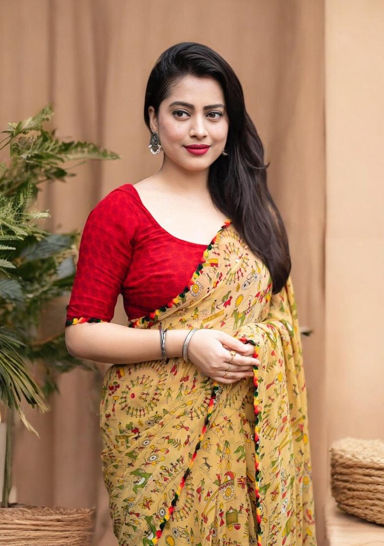 Beige Digital Print Georgette Saree Set