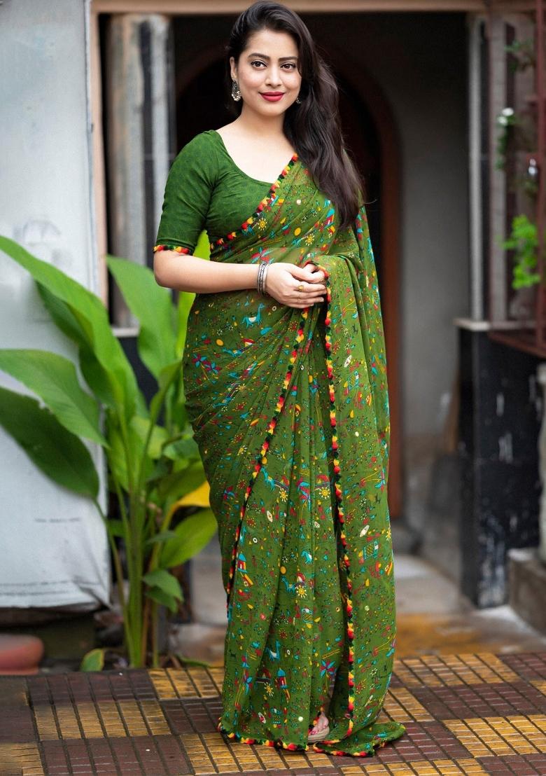Bottle Green Digital Print Georgette Saree Set