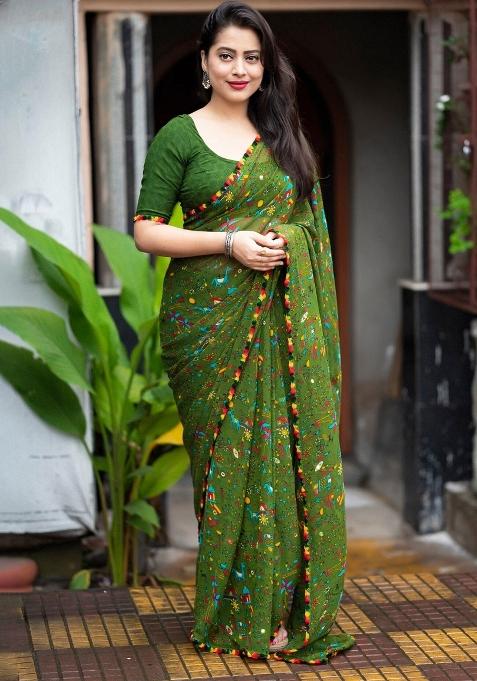 Bottle Green Digital Print Georgette Saree Set