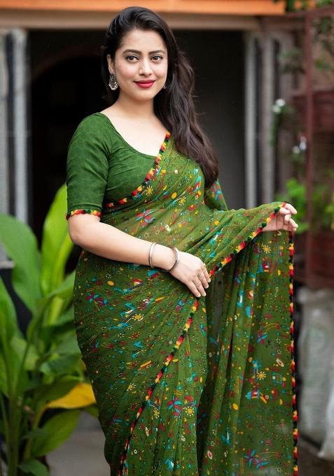 Bottle Green Digital Print Georgette Saree Set