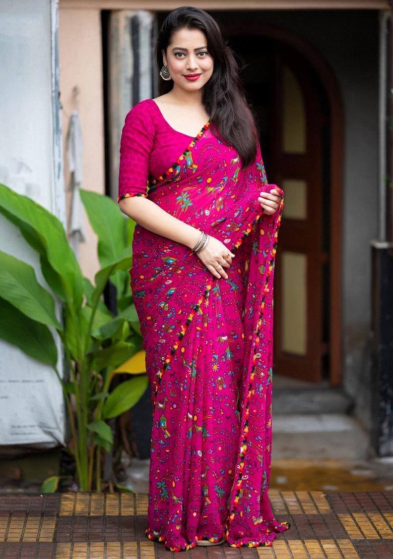 Rani Pink Digital Print Georgette Saree Set