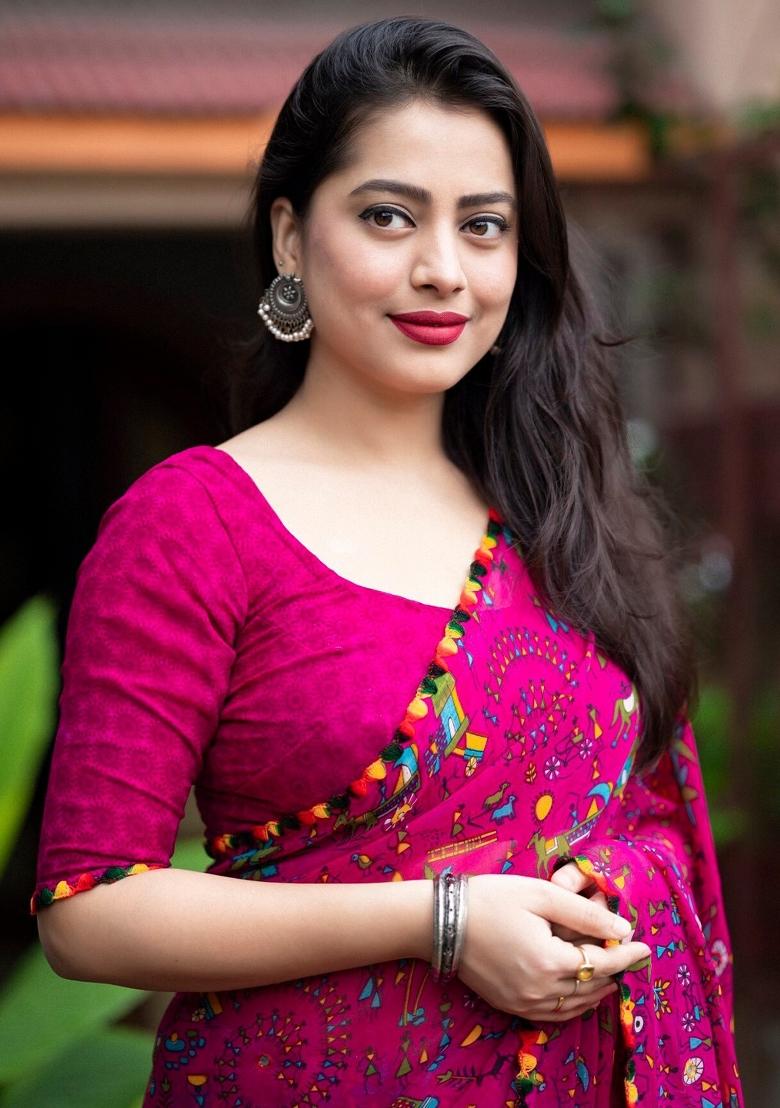 Rani Pink Digital Print Georgette Saree Set