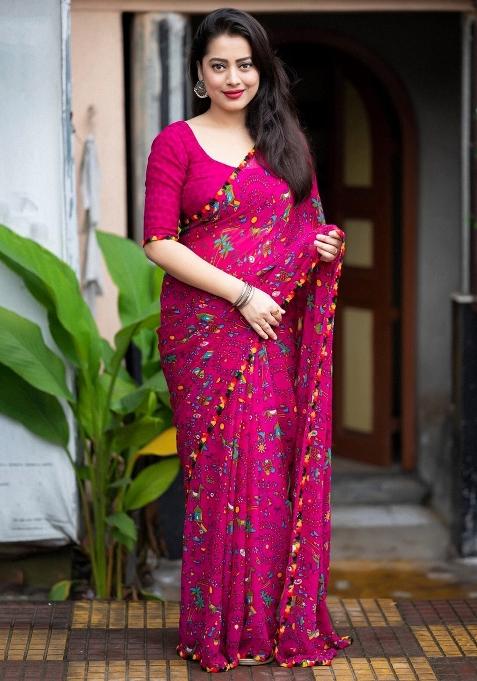 Rani Pink Digital Print Georgette Saree Set