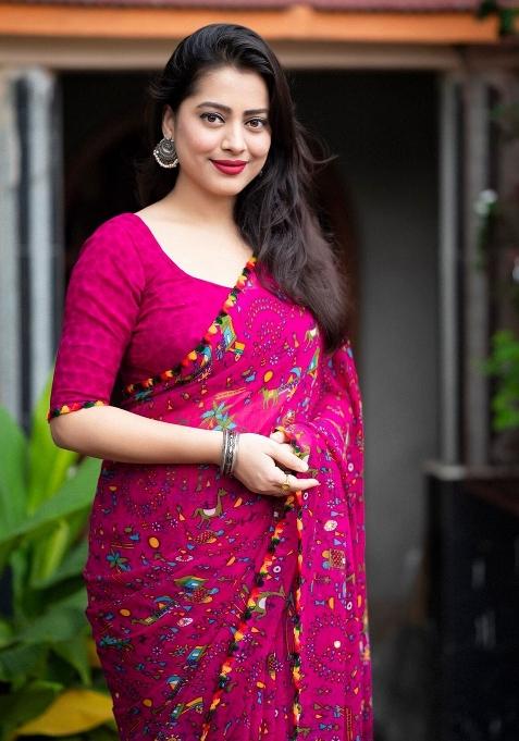 Rani Pink Digital Print Georgette Saree Set