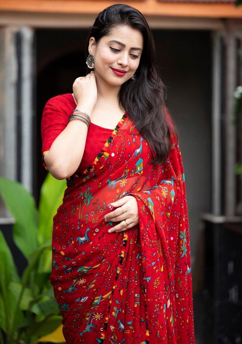 Red Digital Print Georgette Saree Set