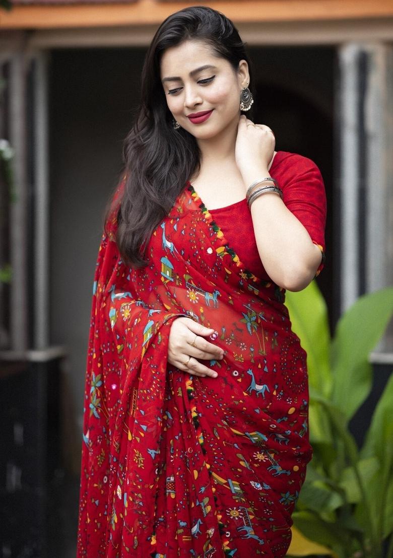 Red Digital Print Georgette Saree Set