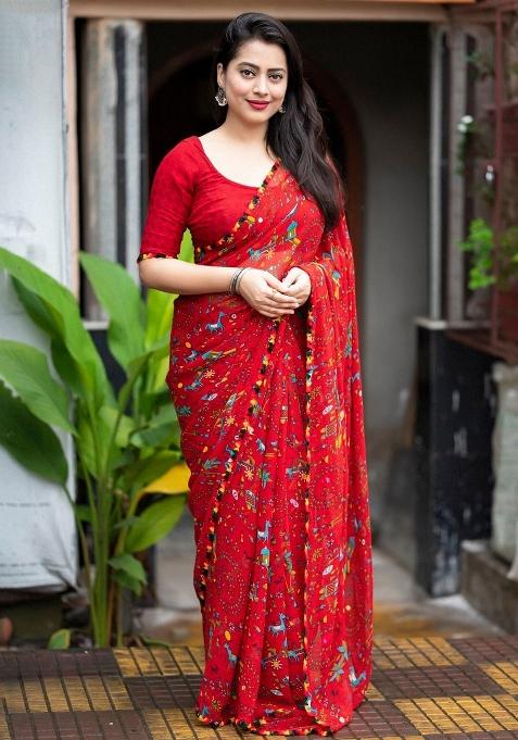 Red Digital Print Georgette Saree Set