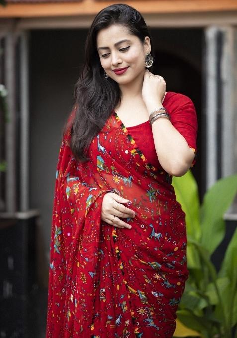 Red Digital Print Georgette Saree Set