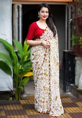 White Digital Print Georgette Saree Set