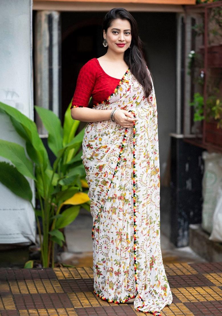 White Digital Print Georgette Saree Set