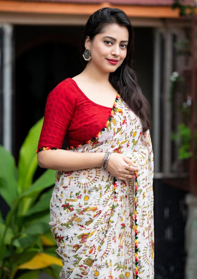 White Digital Print Georgette Saree Set