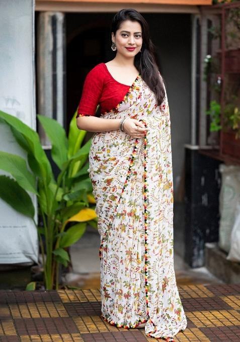 White Digital Print Georgette Saree Set