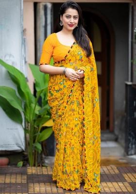 Yellow Digital Print Georgette Saree Set