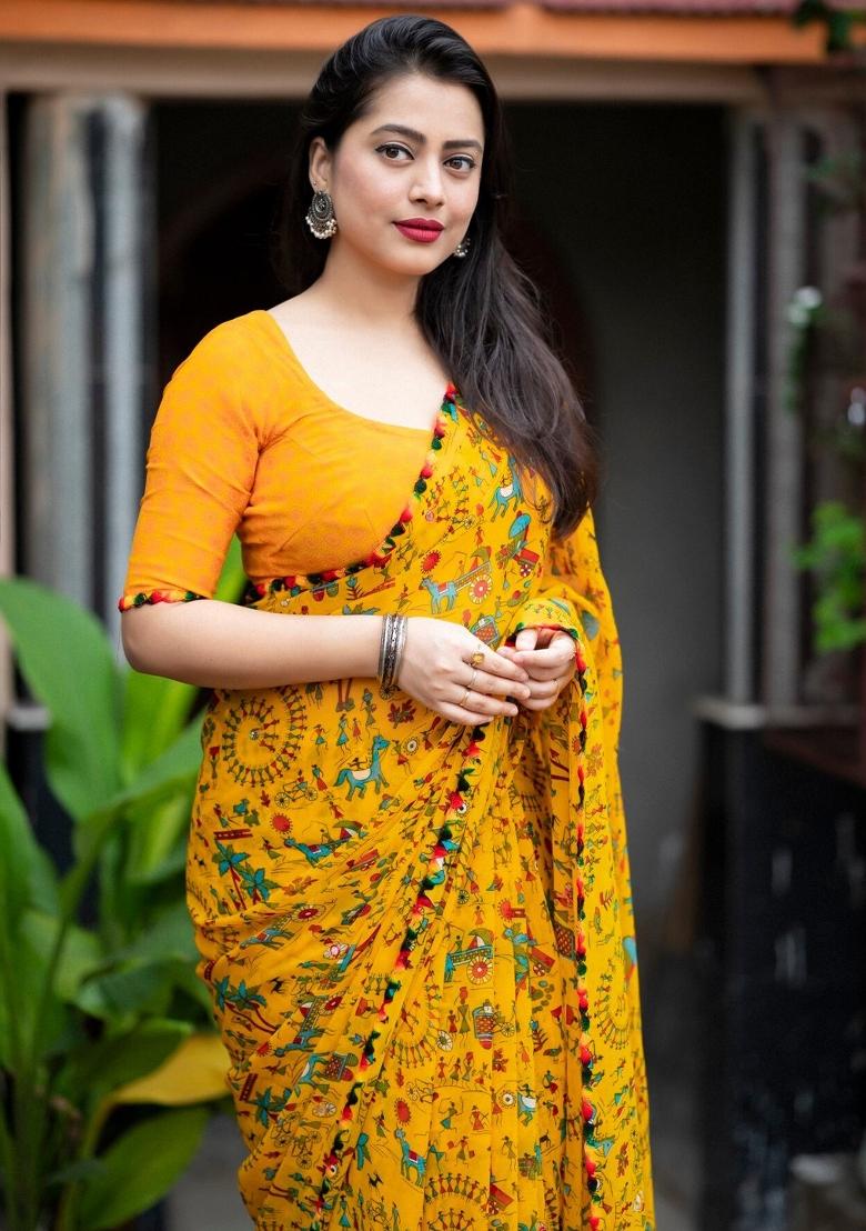 Yellow Digital Print Georgette Saree Set