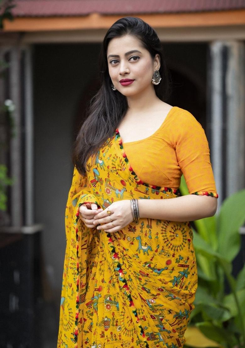 Yellow Digital Print Georgette Saree Set