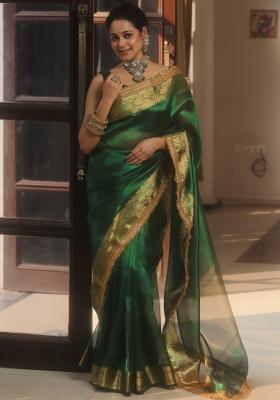 Bottle Green Zari Woven Jimmy Choo Silk Saree Set
