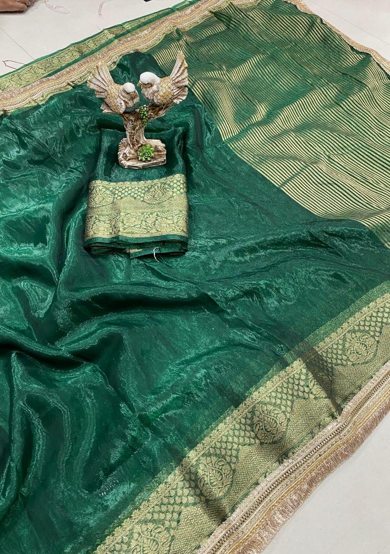 Bottle Green Zari Woven Jimmy Choo Silk Saree Set