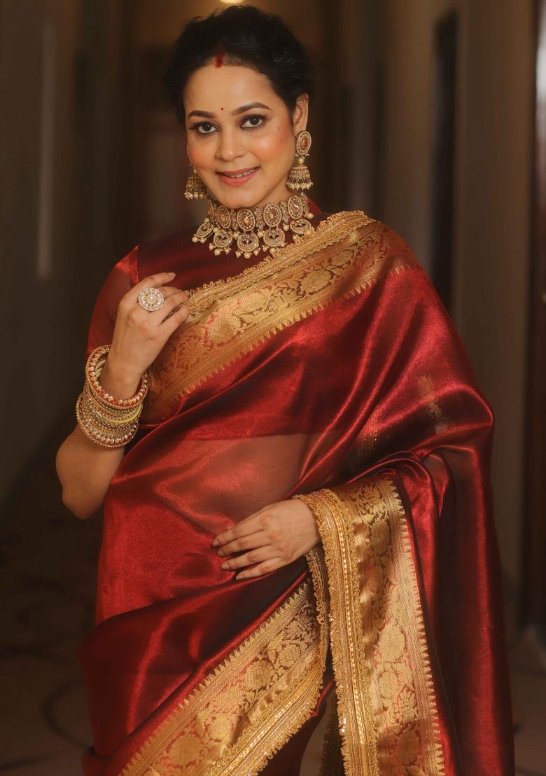 Maroon Zari Woven Jimmy Choo Silk Saree Set