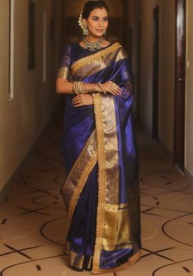 Royal Blue Zari Woven Jimmy Choo Silk Saree Set