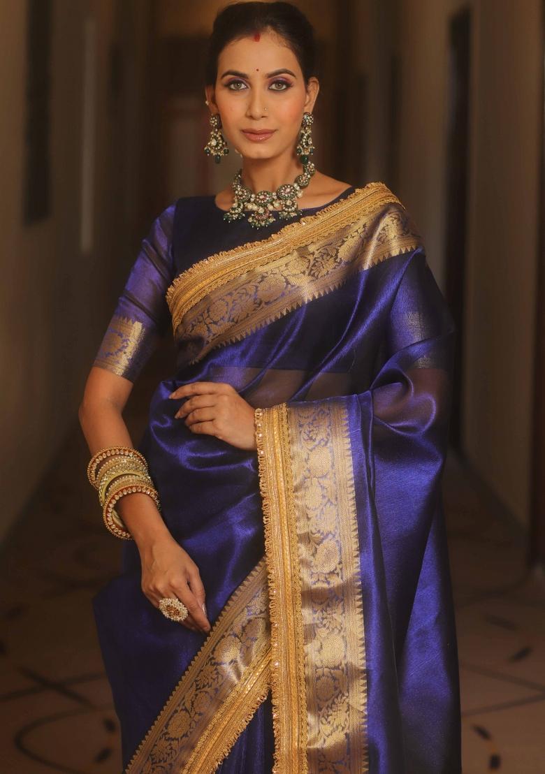 Royal Blue Zari Woven Jimmy Choo Silk Saree Set