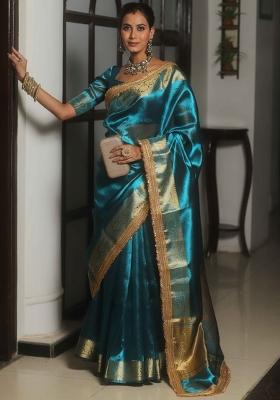 Teal Blue Zari Woven Jimmy Choo Silk Saree Set
