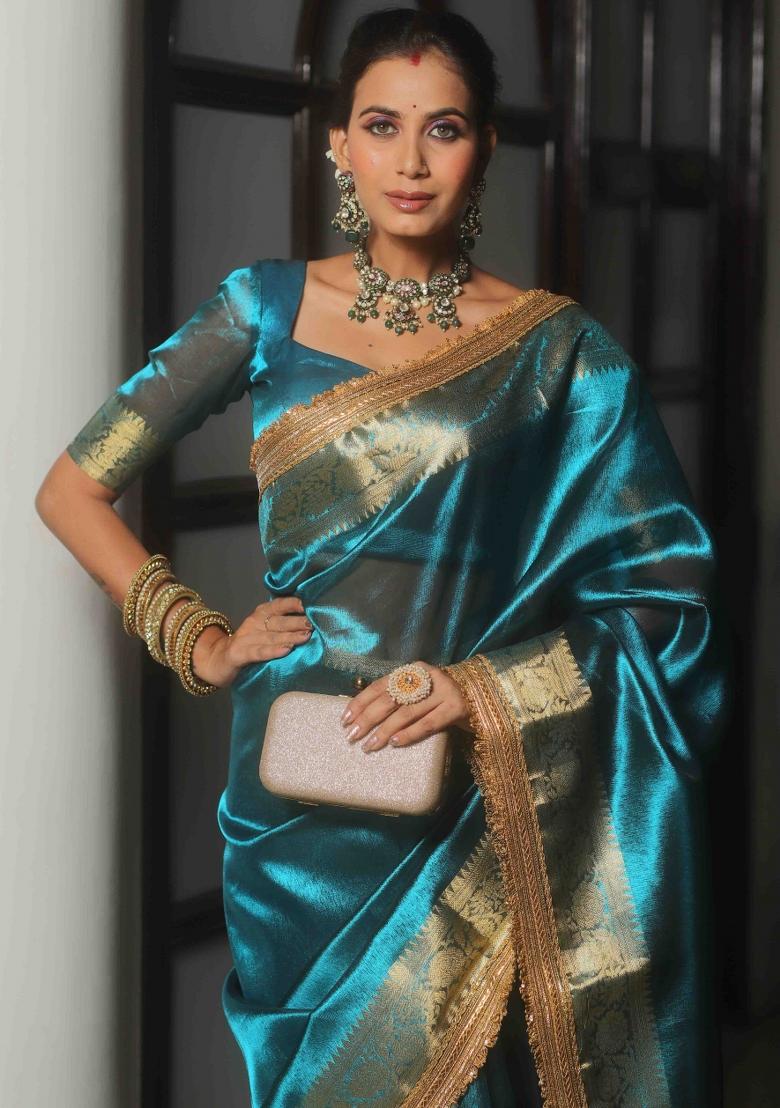 Teal Blue Zari Woven Jimmy Choo Silk Saree Set