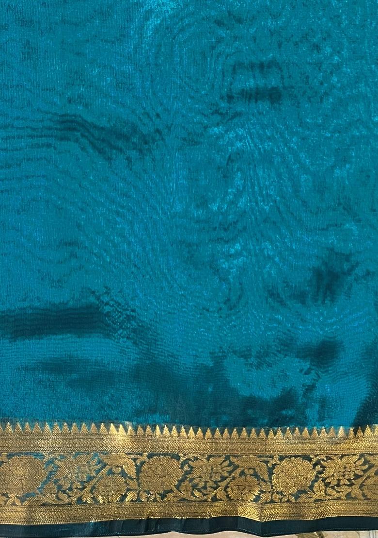 Teal Blue Zari Woven Jimmy Choo Silk Saree Set