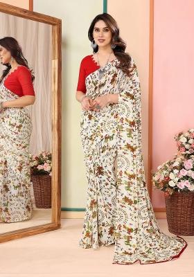 White Digital Print Georgette Saree Set