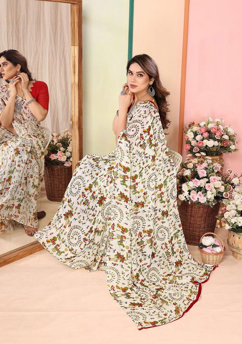 White Digital Print Georgette Saree Set