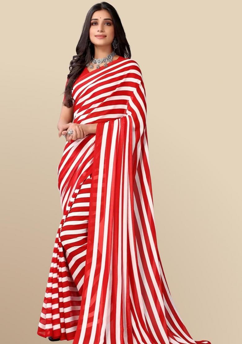 Red Digital Print Georgette Saree Set