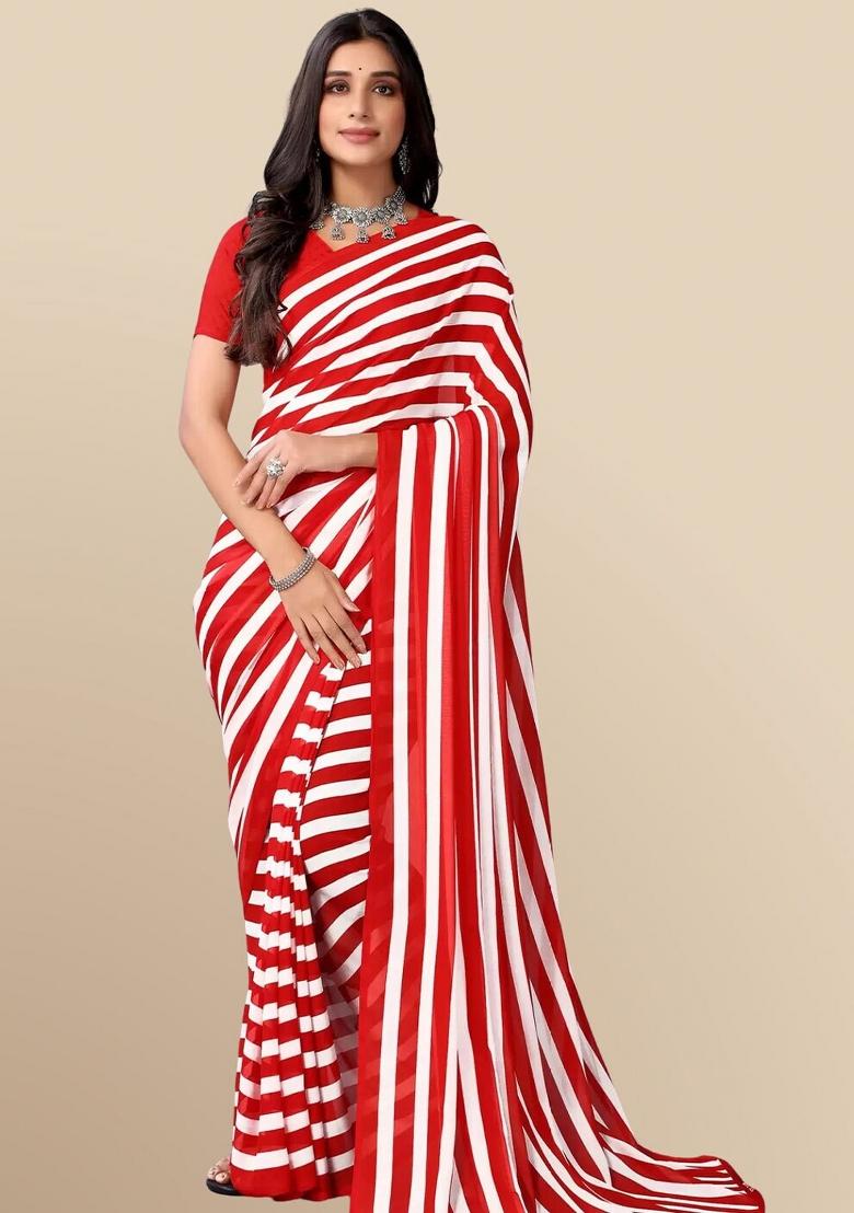 Red Digital Print Georgette Saree Set