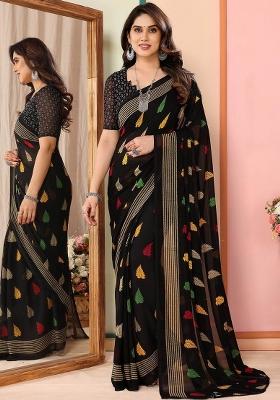 Black Digital Print Georgette Saree Set