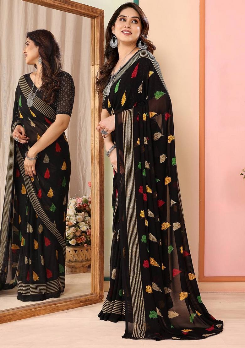 Black Digital Print Georgette Saree Set