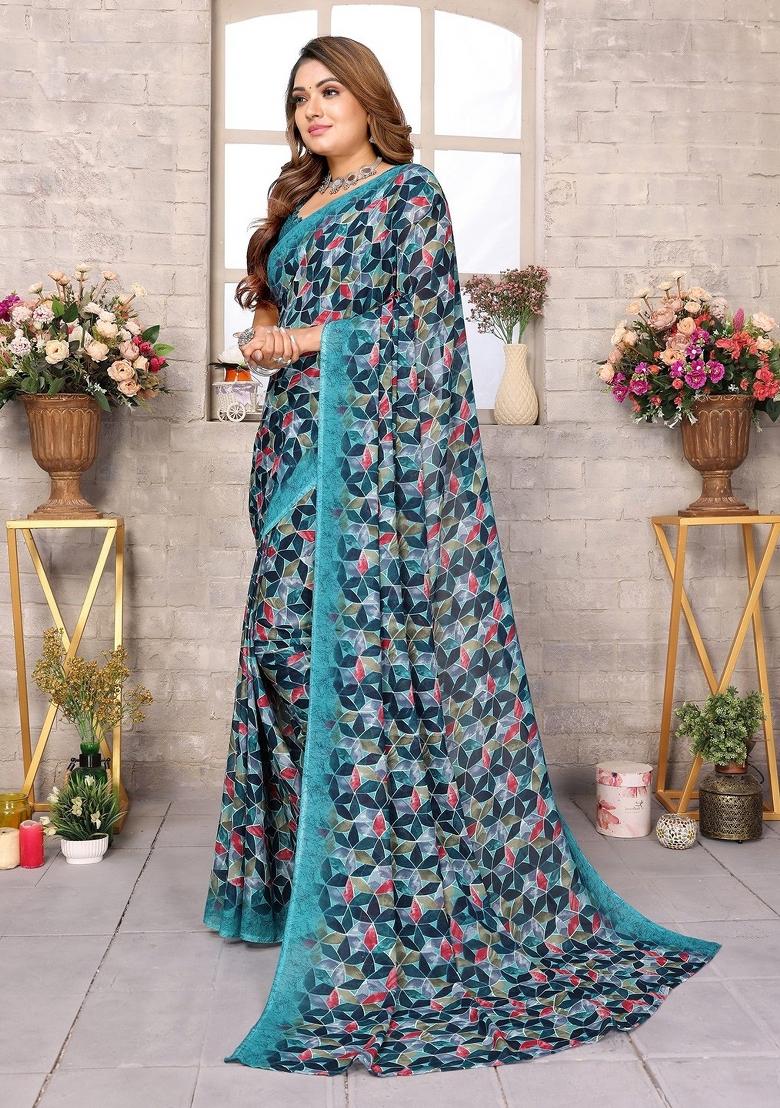 Rama Green Digital Print Georgette Saree Set