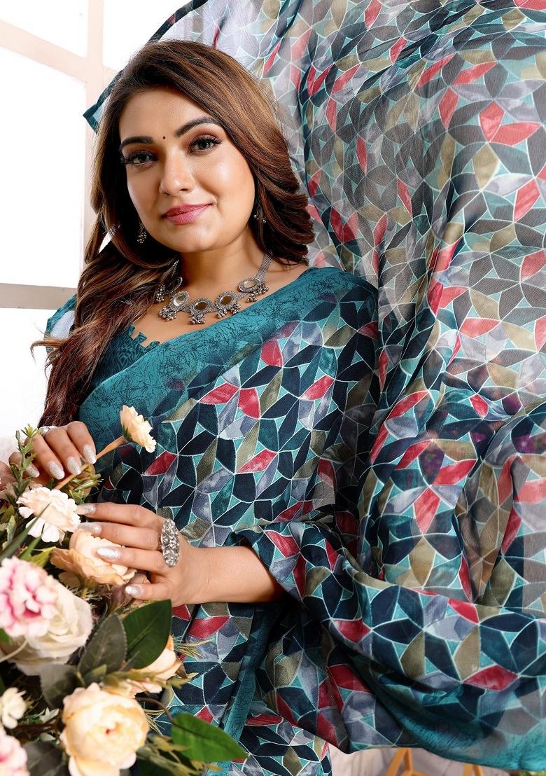 Rama Green Digital Print Georgette Saree Set