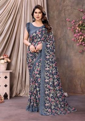 Grey Digital Print Georgette Saree Set