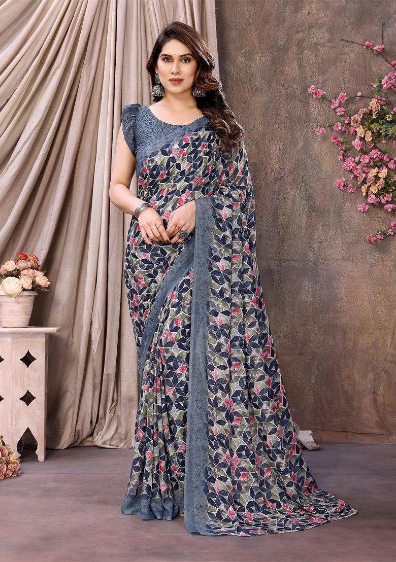 Grey Digital Print Georgette Saree Set