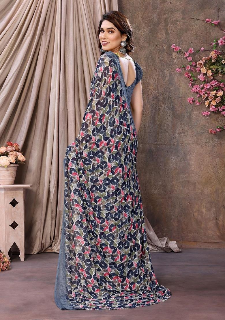 Grey Digital Print Georgette Saree Set