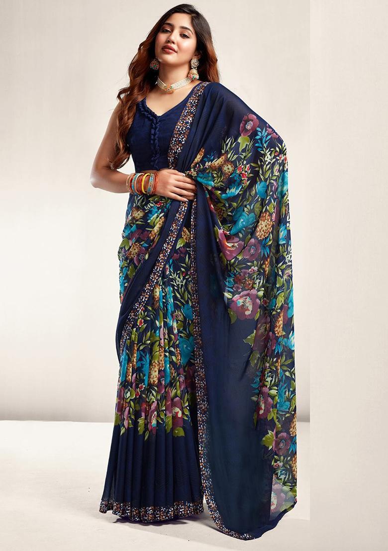 Dark Blue Digital Print Georgette Saree Set