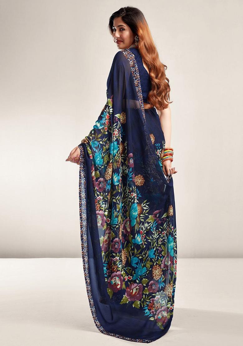 Dark Blue Digital Print Georgette Saree Set