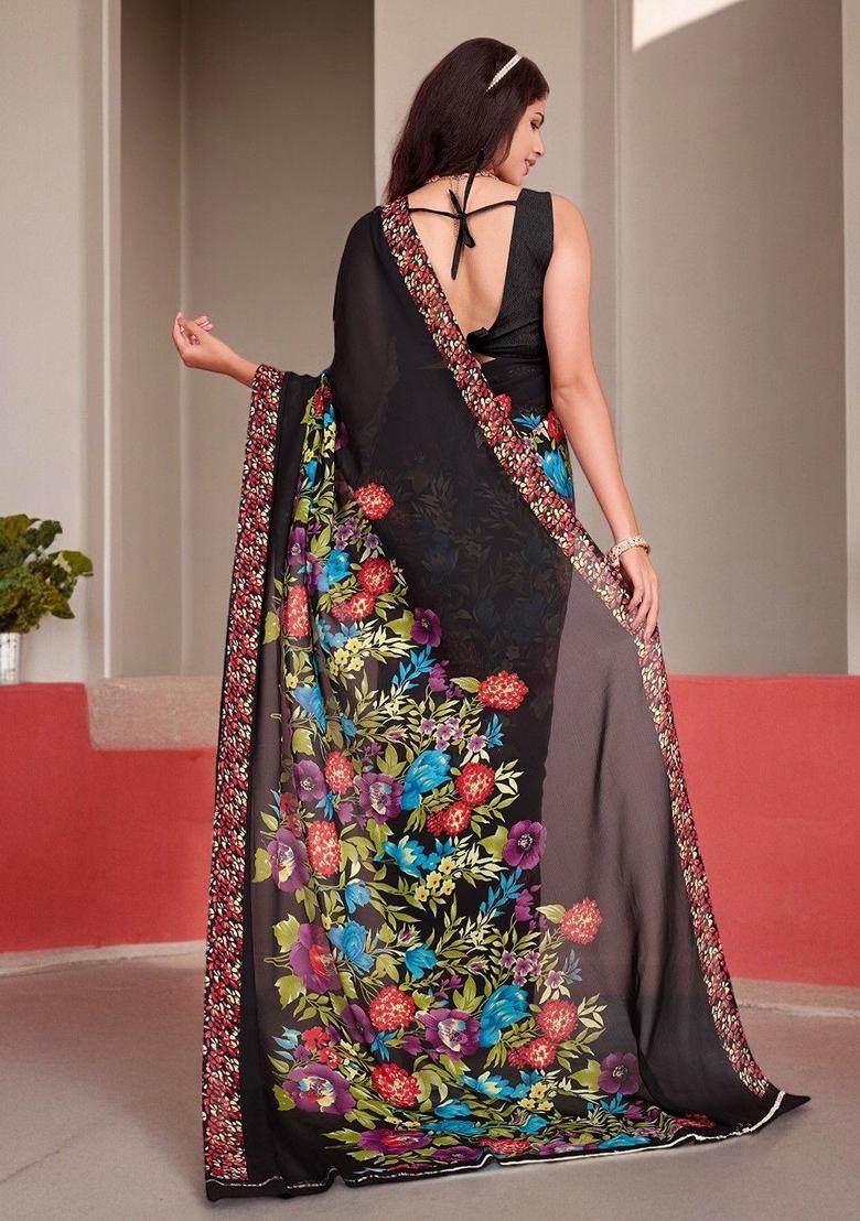 Black Digital Print Georgette Saree Set