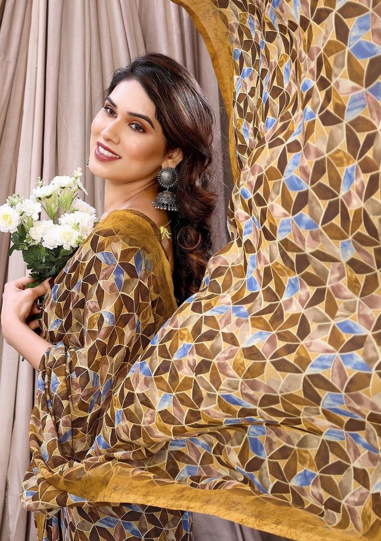 Yellow Digital Print Georgette Saree Set