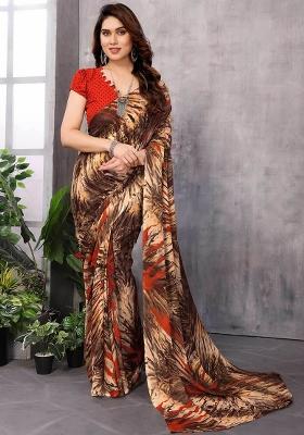 Brown Digital Print Georgette Saree Set